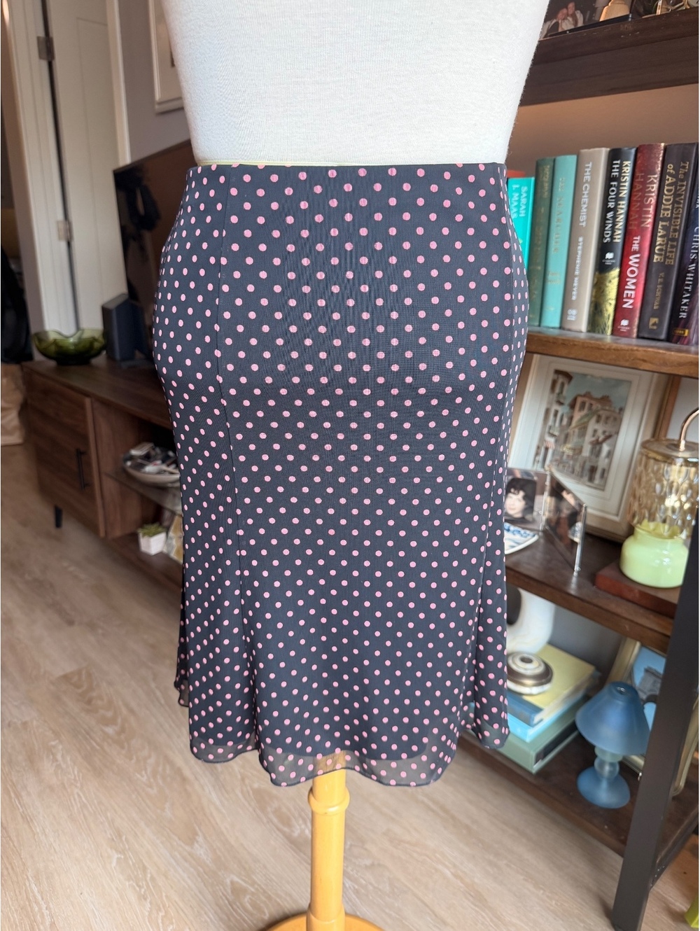 Y2K Express Black Midi Skirt with Pink Polka Dots, Size Medium
